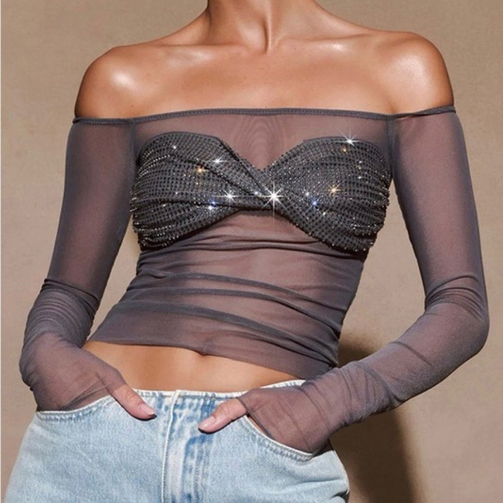 Elegant Off-Shoulder Sheer Top - Gray